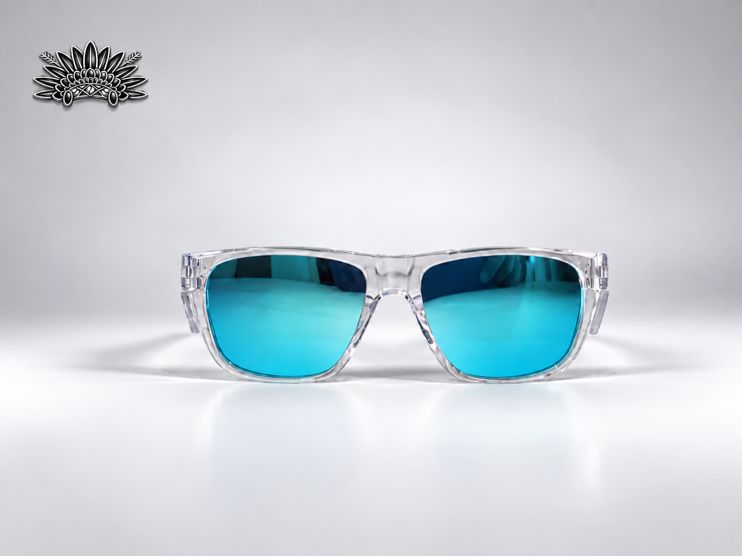 Poroman eyewear with clear frames and blue lenses
